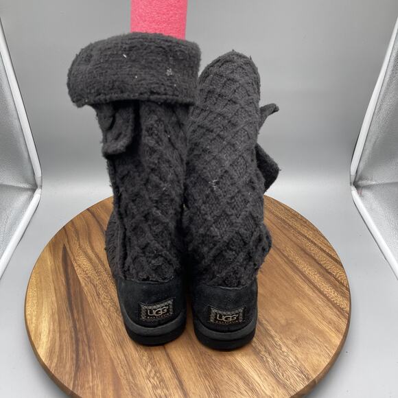 UGG Australia Boots Womens Size 7 Black Lattice Cardy Button Knit Tall 3066 - Picture 4 of 7